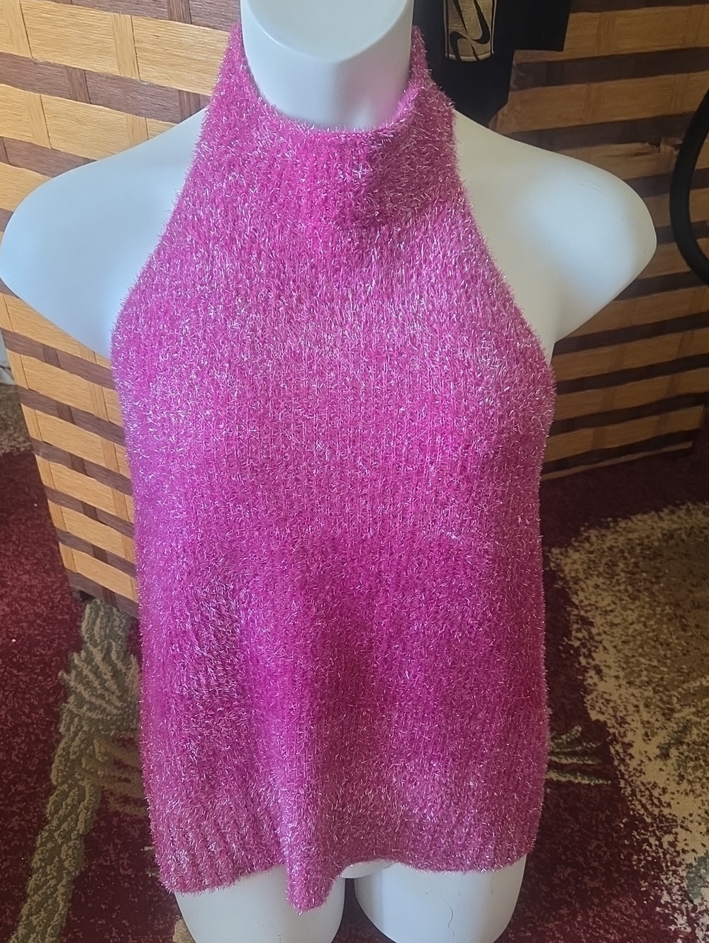 Bar III Sparkle Pink Metallic Knit Halter Top